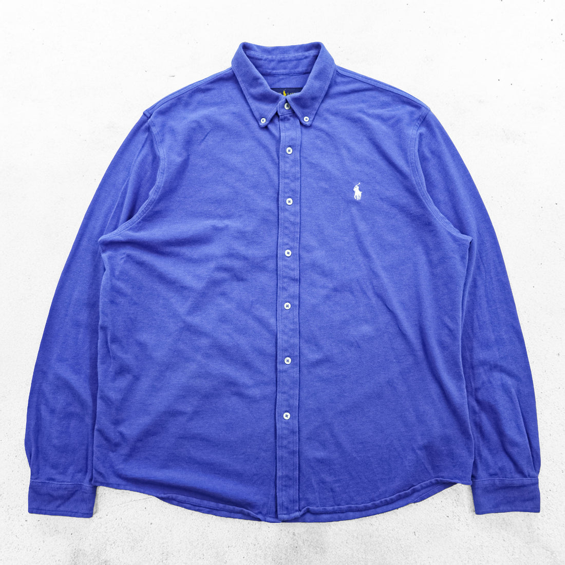 Ralph Lauren pique long-sleeve button-down shirt, size XL, blue, with embroidered small pony logo and featherweight mesh fabric.