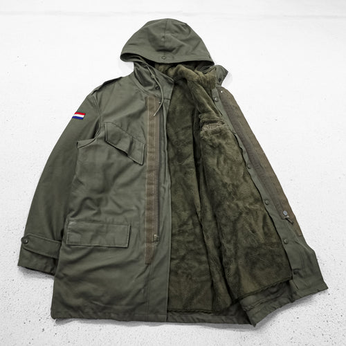 90s Vintage Dutch Army SEYNTEX Hooded Field Parka Olive Faux Fur Lined Military Jacket Size 50