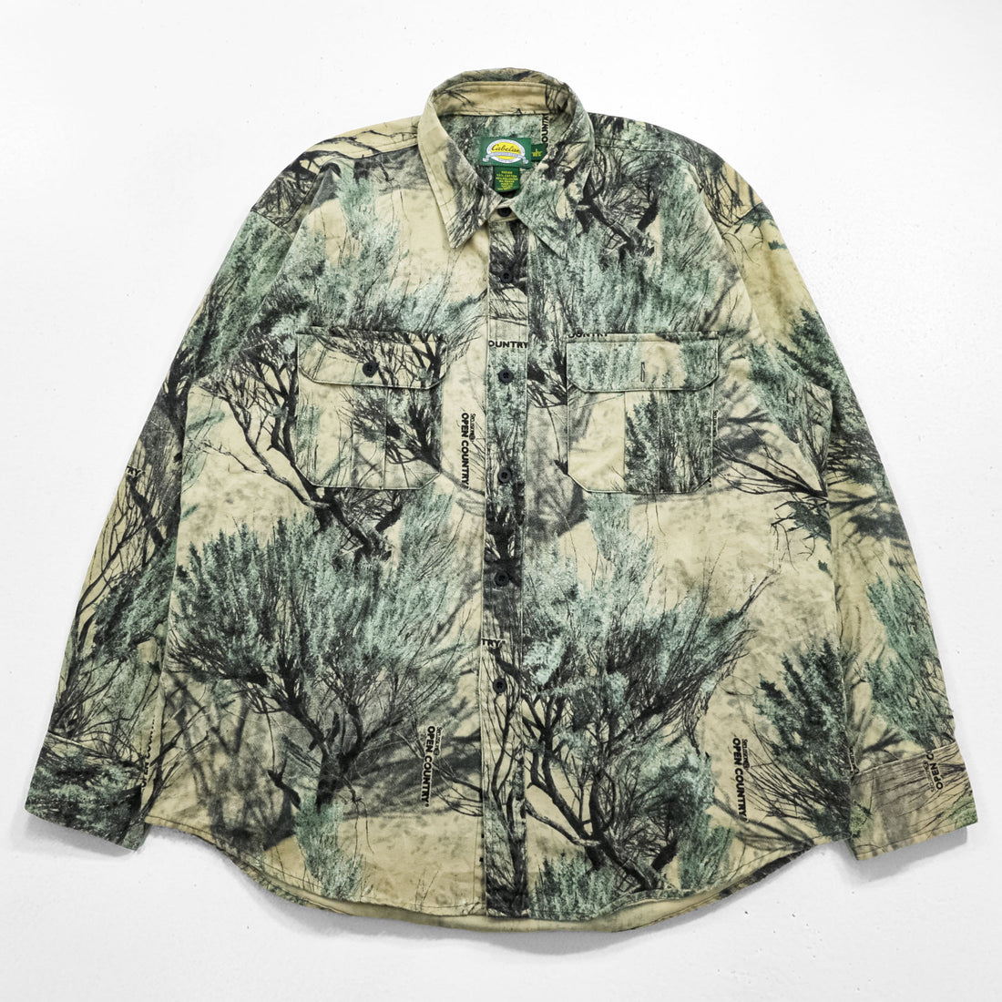 Cabela's 90s Vintage Open Country Camo Hunting Shirt Jacket Tree Print Cotton Blend L Regular Made in Macau