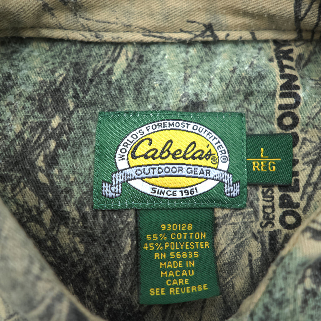 Cabela's 90s Vintage Open Country Camo Hunting Shirt Jacket Tree Print Cotton Blend L Regular Made in Macau