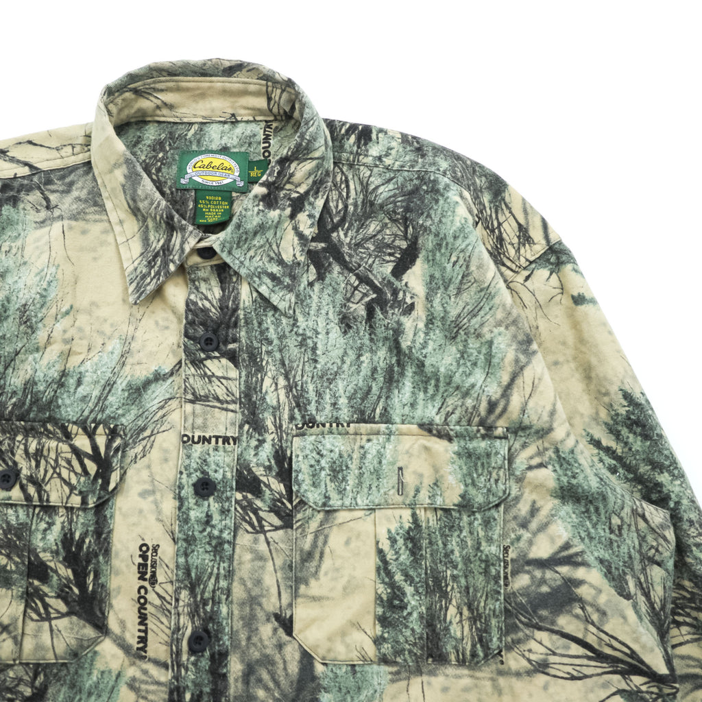 Cabela's 90s Vintage Open Country Camo Hunting Shirt Jacket Tree Print Cotton Blend L Regular Made in Macau