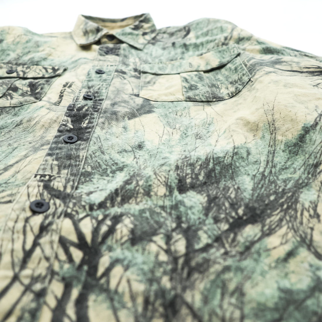 Cabela's 90s Vintage Open Country Camo Hunting Shirt Jacket Tree Print Cotton Blend L Regular Made in Macau