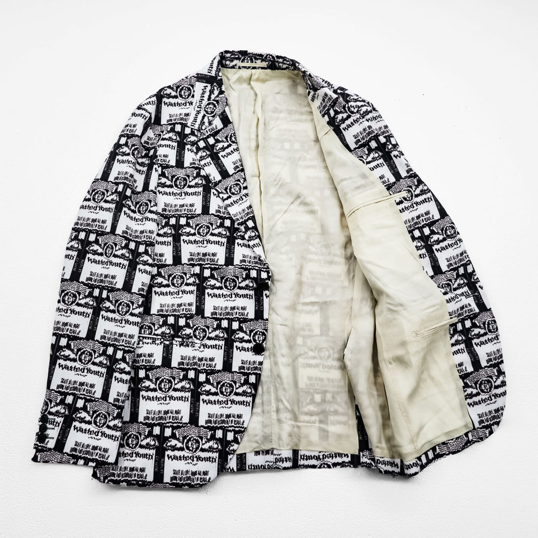 Wasted Youth by POGGYTHEMAN for UNITED ARROWS & SONS Japan-Made Tailored Jacket Blazer, Sizes XL and up, Black, White patterned, 5522-299-0228