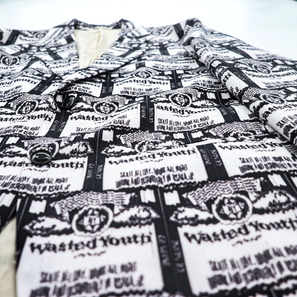 Wasted Youth by POGGYTHEMAN for UNITED ARROWS & SONS Japan-Made Tailored Jacket Blazer, Sizes XL and up, Black, White patterned, 5522-299-0228