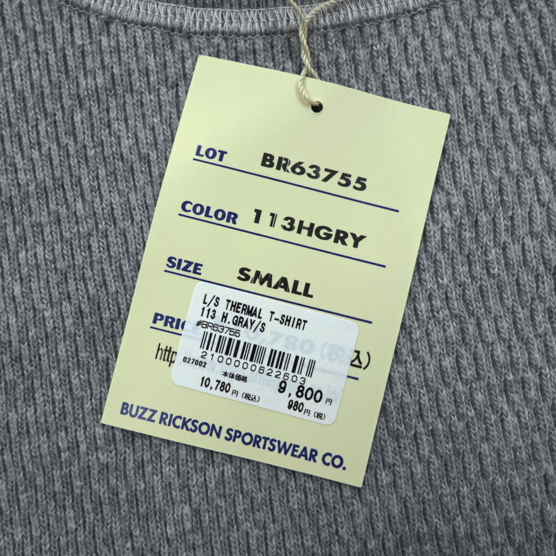 BUZZ RICKSON'S Japan-Made Thermal Long-Sleeve T-Shirt, Size S, Gray, Unused, BR63755