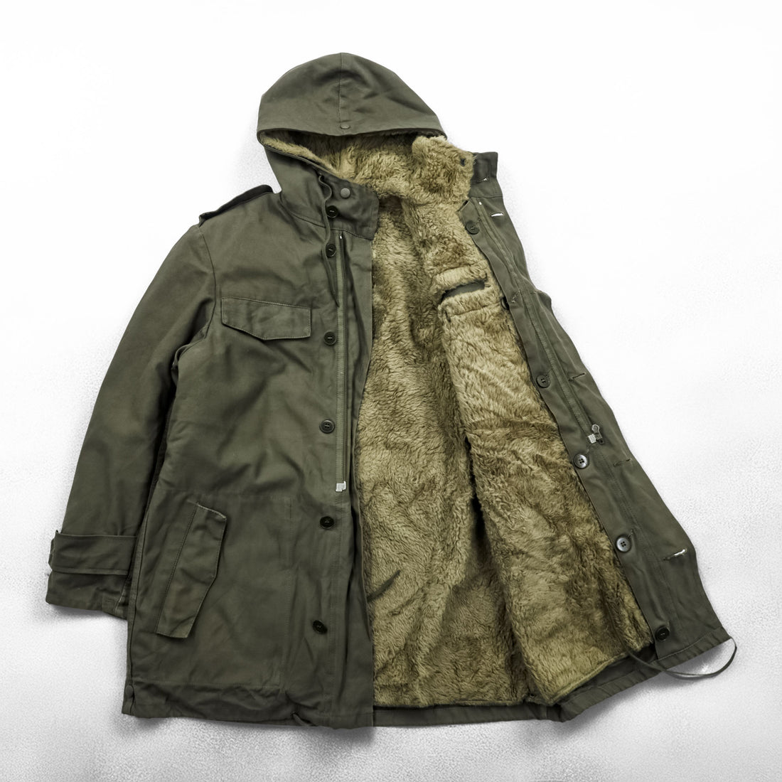German Army Parka Olive Hooded Military Coat with Pile Sherpa Liner Size 44