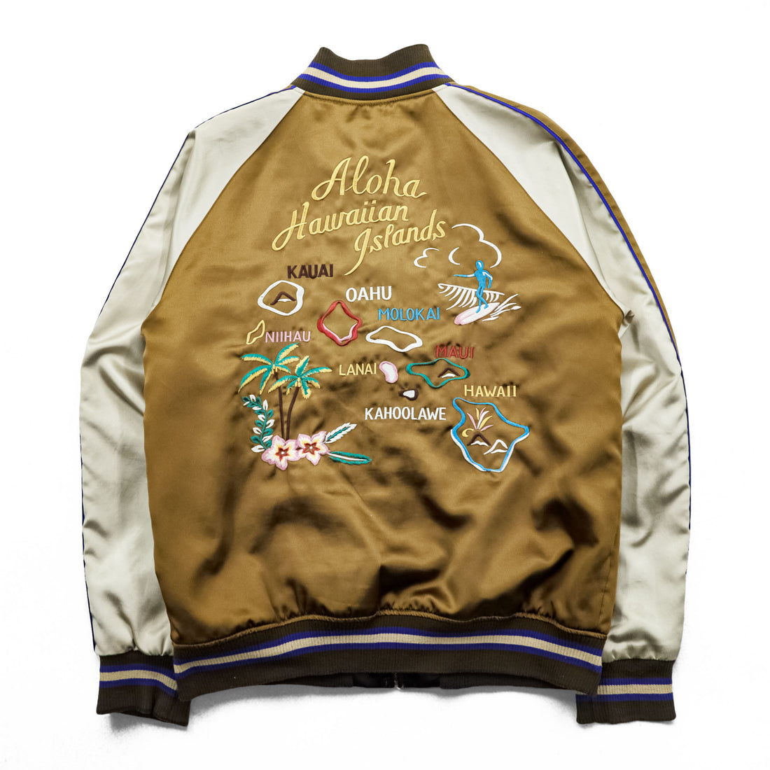 291295=HOMME LABO 00年代 ヴィンテージ リバーシブル スカジャン スーベニアジャケット L ブラウン 刺繍 ALOHA HAWAIIAN ISLANDS