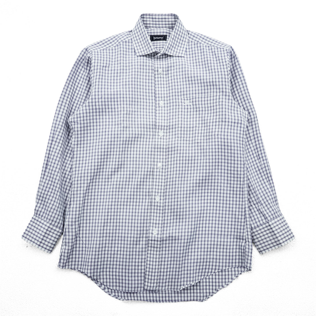 Vintage Burberrys Long Sleeve Dress Shirt White Navy Windowpane Check Regular Collar Cotton XL
