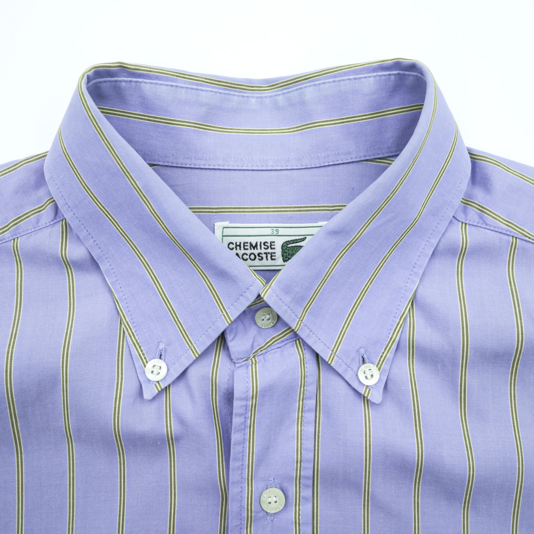 Lacoste 80s Vintage France Made Long Sleeve Button-Down Shirt L Blue Striped with One-Point Logo