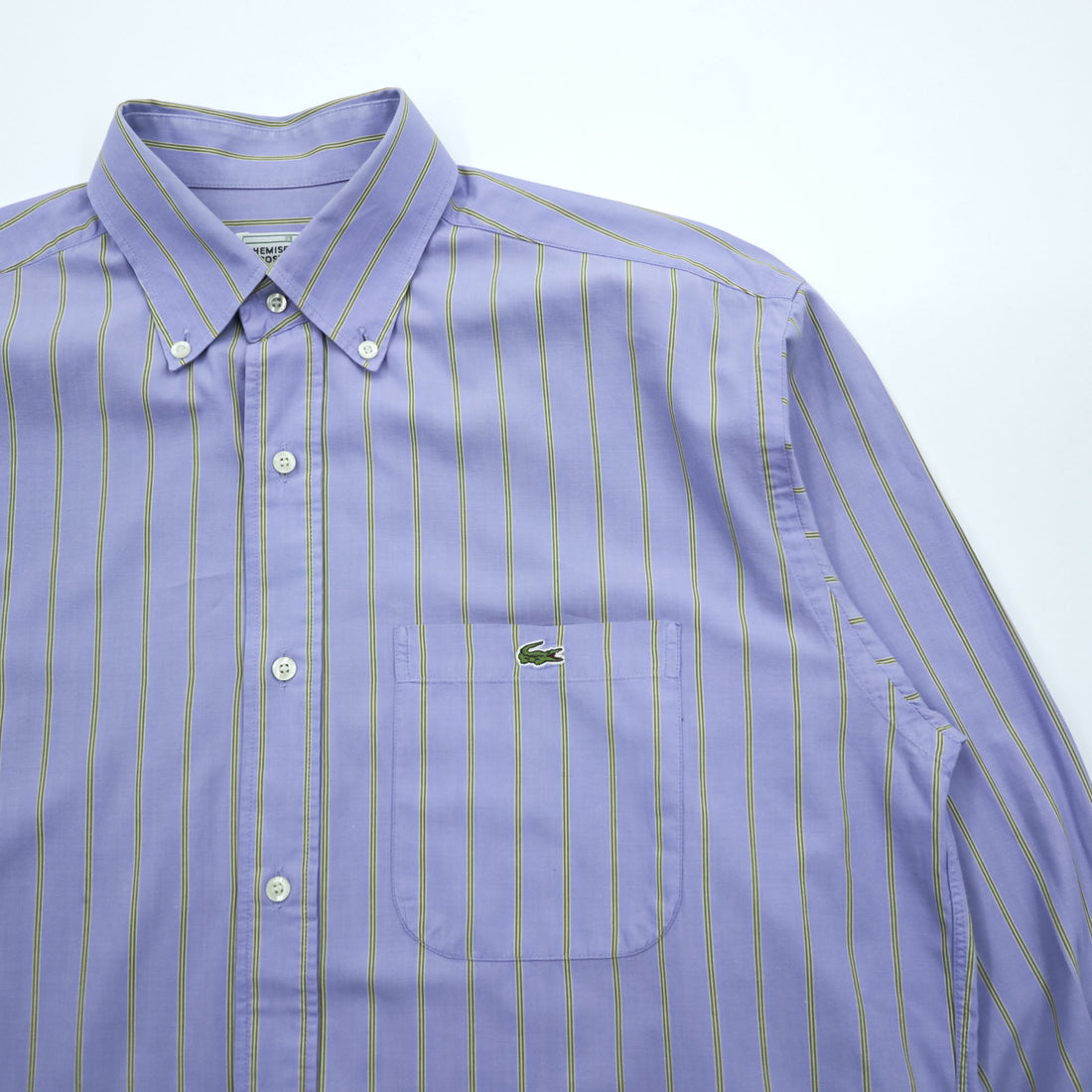 Lacoste 80s Vintage France Made Long Sleeve Button-Down Shirt L Blue Striped with One-Point Logo