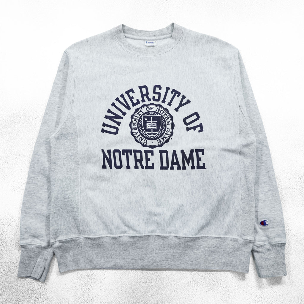 Champion リバースウィーブ REVERSE WEAVE カレッジ スウェット トレーナー XL グレー アーチロゴ 3段プリント 染み込み NOTRE DAME