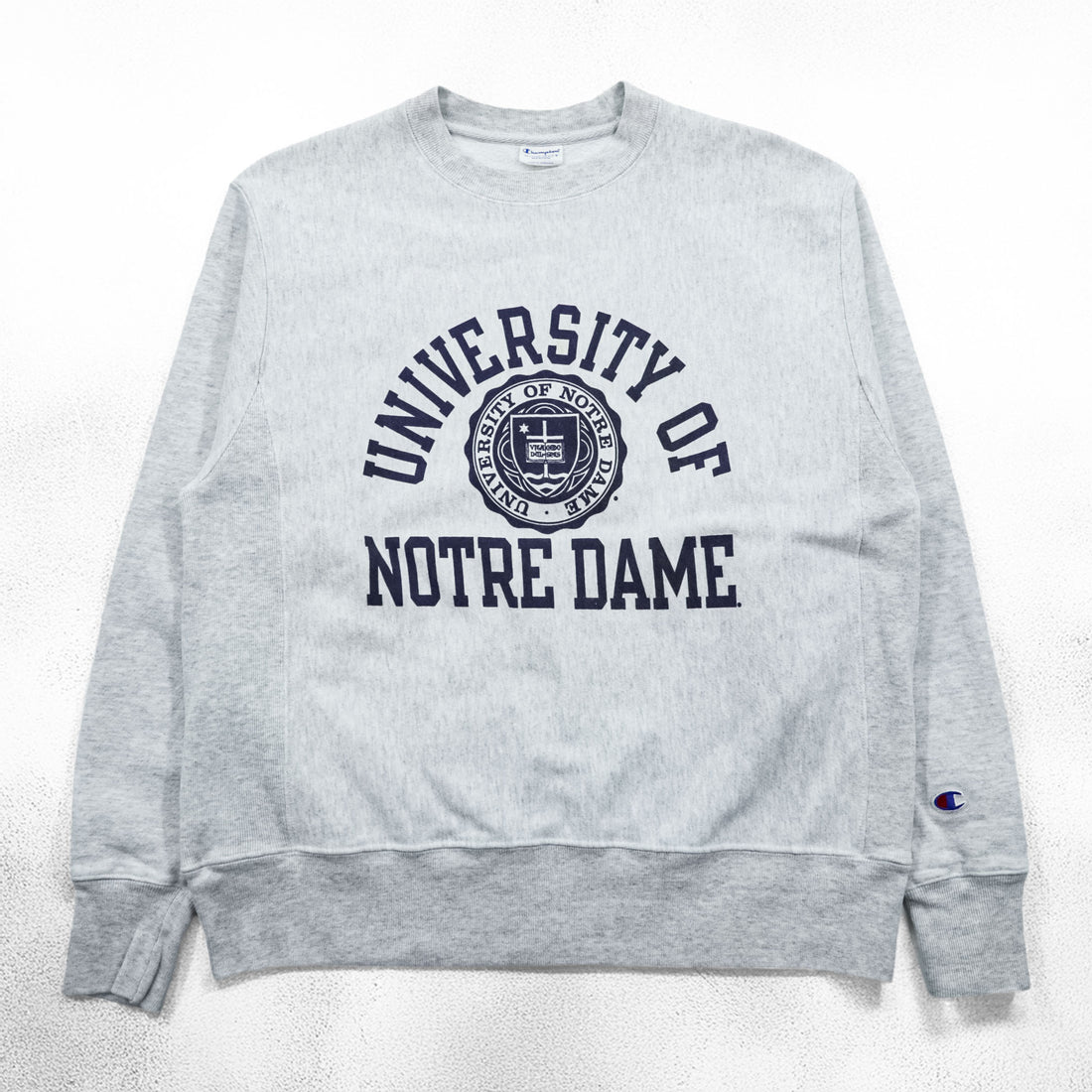 Champion リバースウィーブ REVERSE WEAVE カレッジ スウェット トレーナー XL グレー アーチロゴ 3段プリント 染み込み NOTRE DAME
