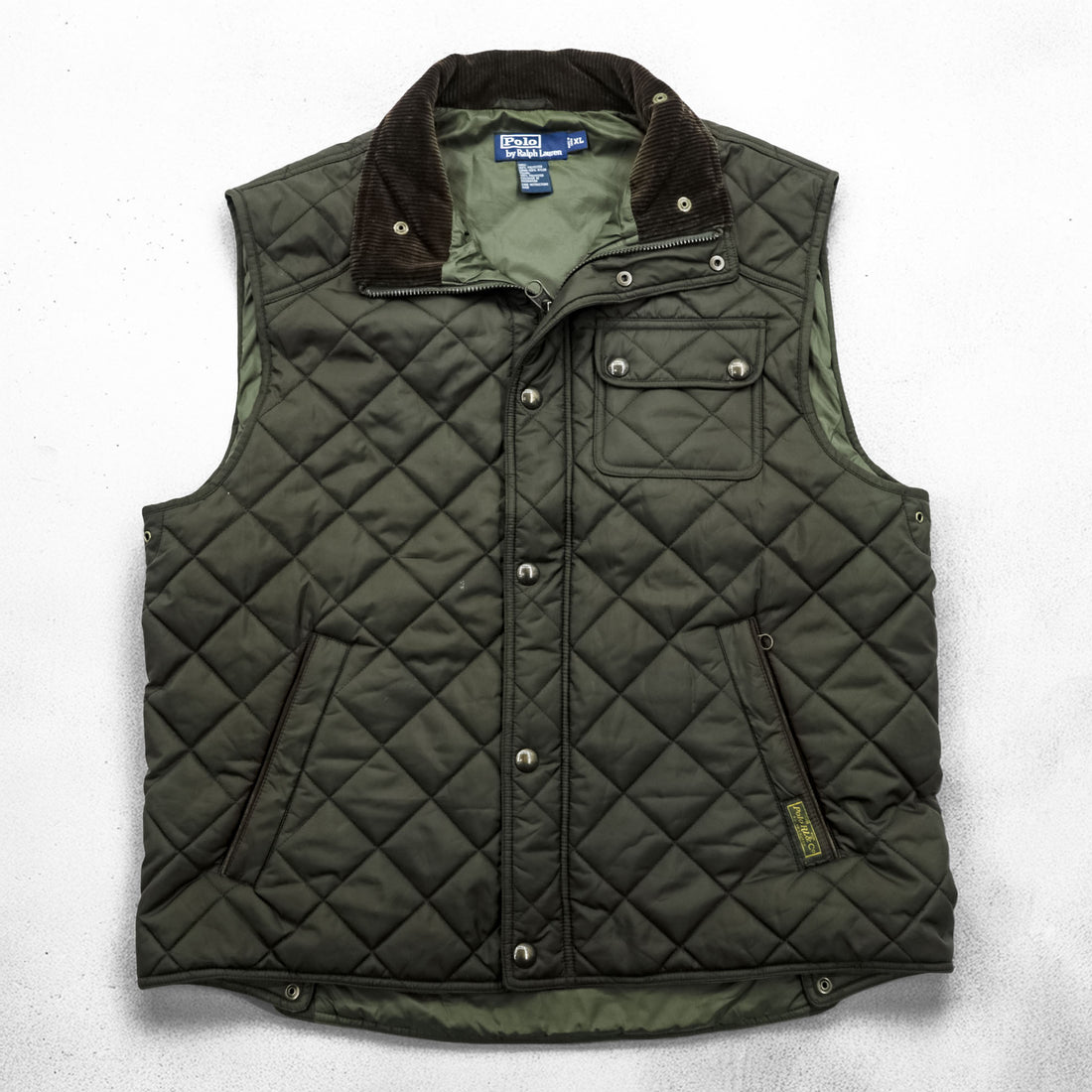 Polo Ralph Lauren 90年代 キルティングベスト XL カーキ 中綿 コーデュロイ襟 ジップ スナップボタン