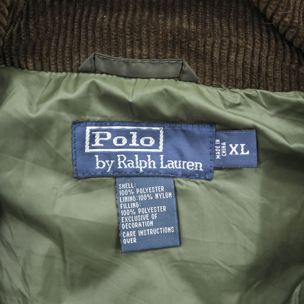 Polo Ralph Lauren 90年代 キルティングベスト XL カーキ 中綿 コーデュロイ襟 ジップ スナップボタン