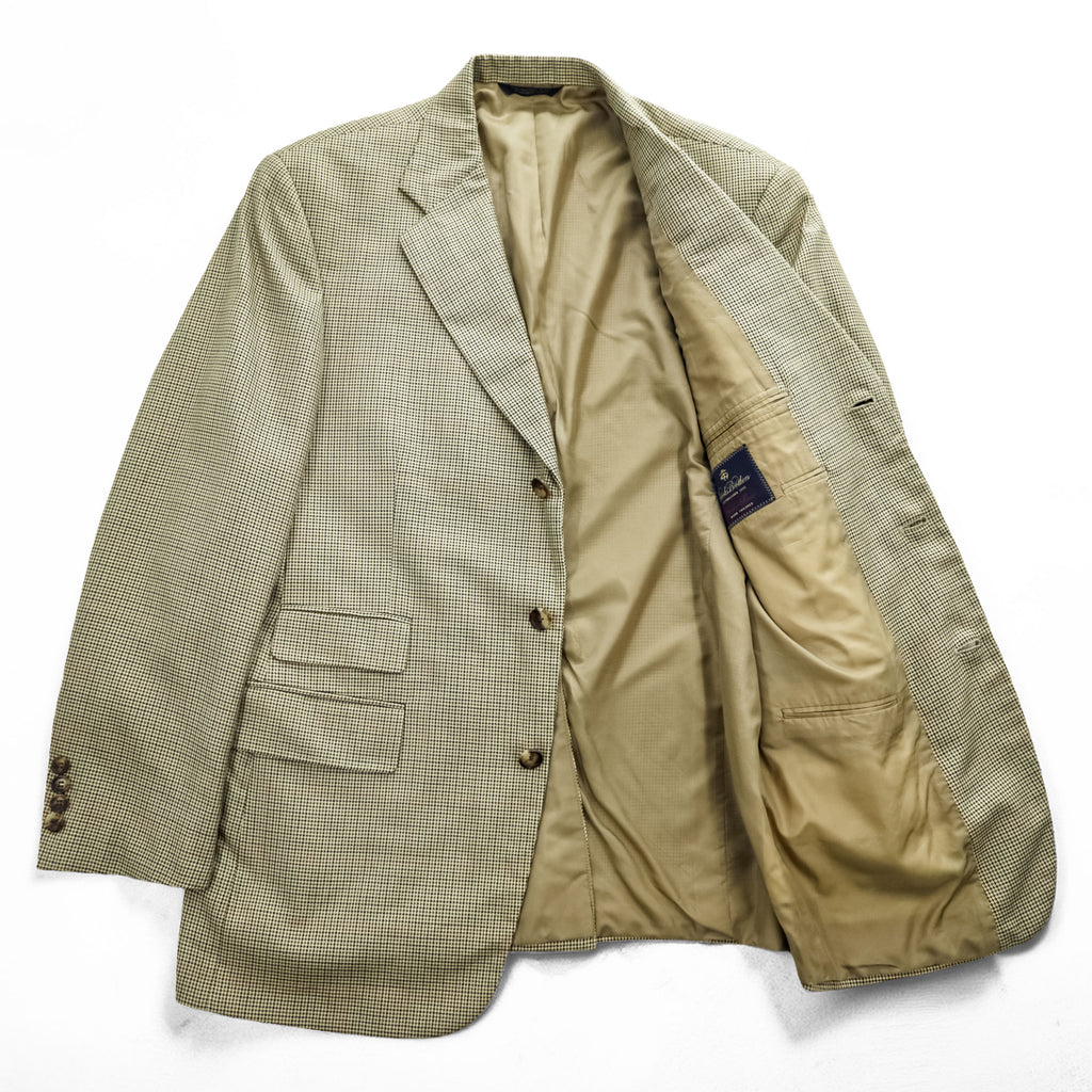Brooks Brothers USA製 シルク リネン 3B テーラードジャケット ブレザー L ベージュ 千鳥格子 グレンチェック Golden Fleece HAND TAILORED