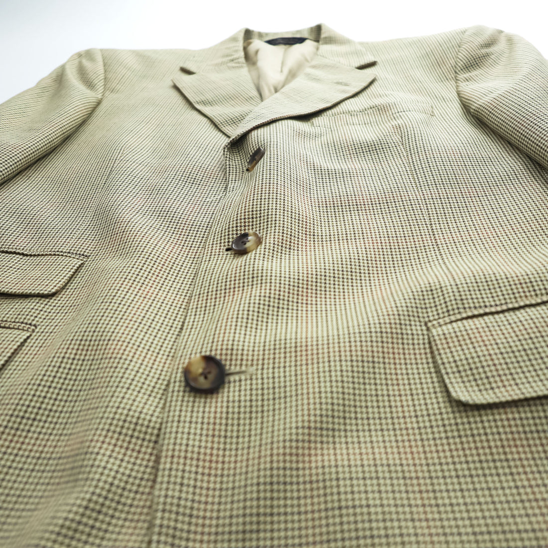 Brooks Brothers USA製 シルク リネン 3B テーラードジャケット ブレザー L ベージュ 千鳥格子 グレンチェック Golden Fleece HAND TAILORED