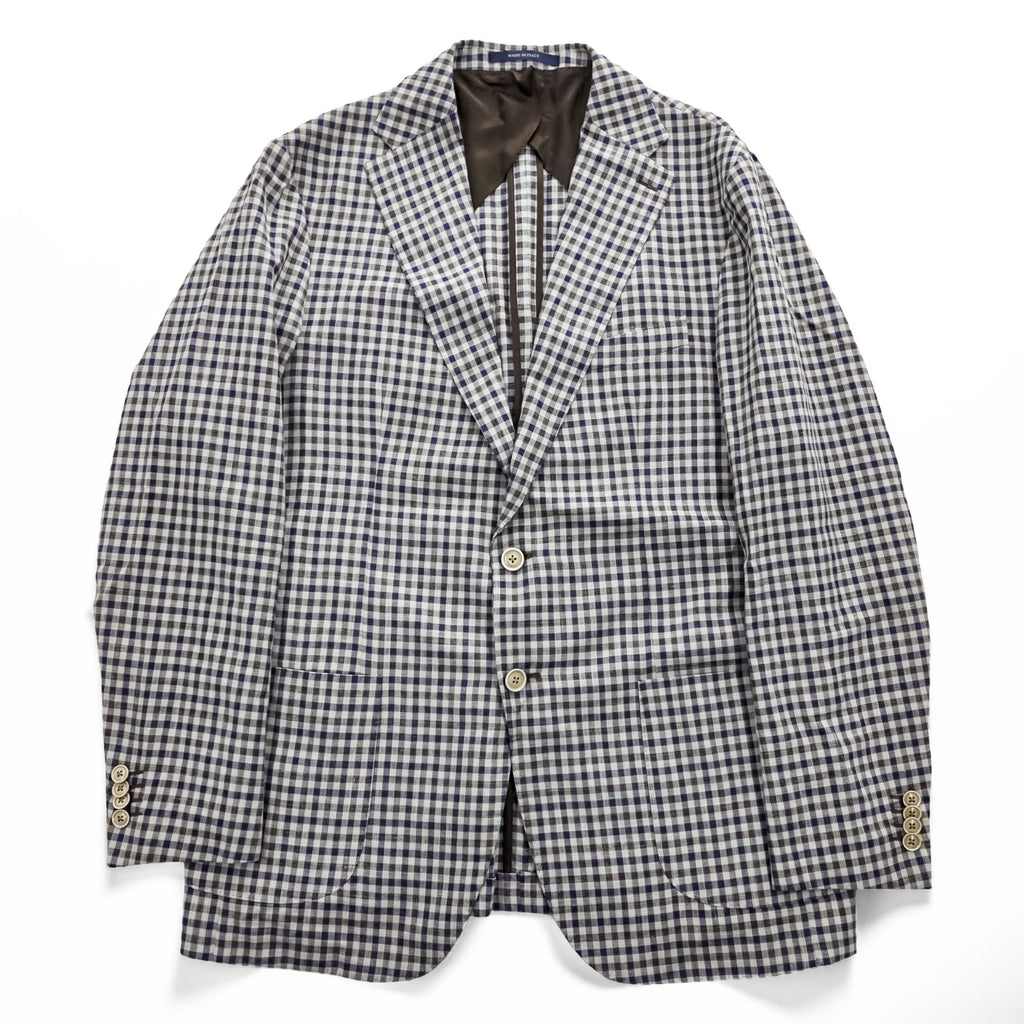 Boggi Milano Vitale Barberis Canonico Wool Silk Linen Blazer Navy Brown Gingham Check Made in Italy Size 54