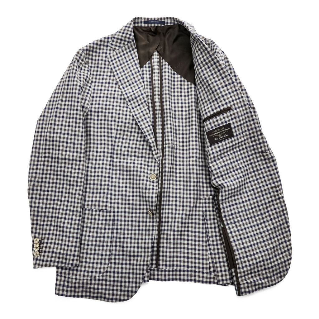 Boggi Milano Vitale Barberis Canonico Wool Silk Linen Blazer Navy Brown Gingham Check Made in Italy Size 54