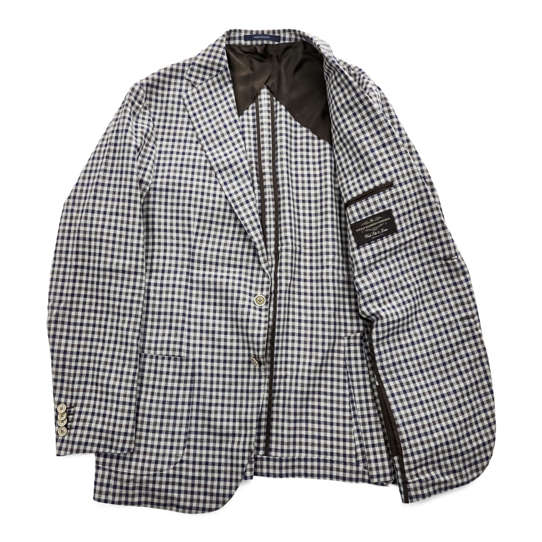Boggi Milano Vitale Barberis Canonico Wool Silk Linen Blazer Navy Brown Gingham Check Made in Italy Size 54