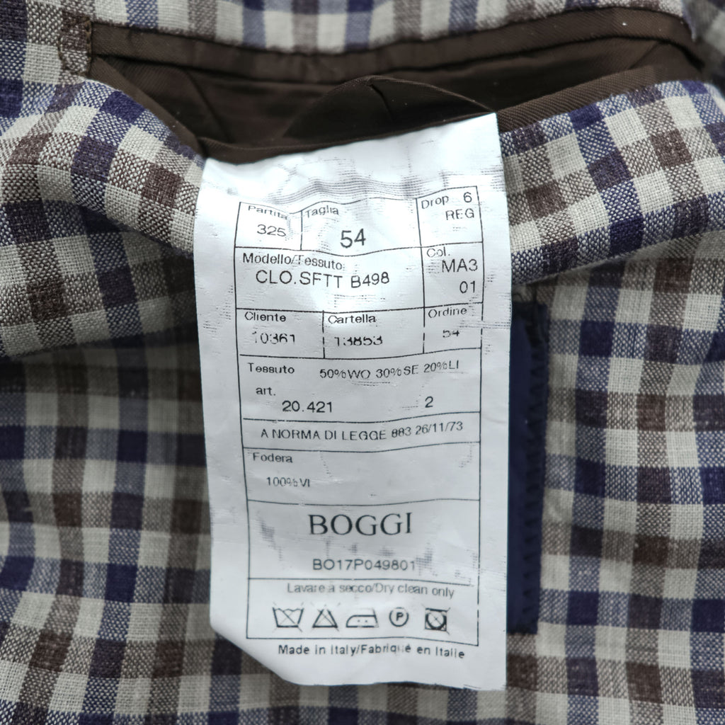Boggi Milano Vitale Barberis Canonico Wool Silk Linen Blazer Navy Brown Gingham Check Made in Italy Size 54