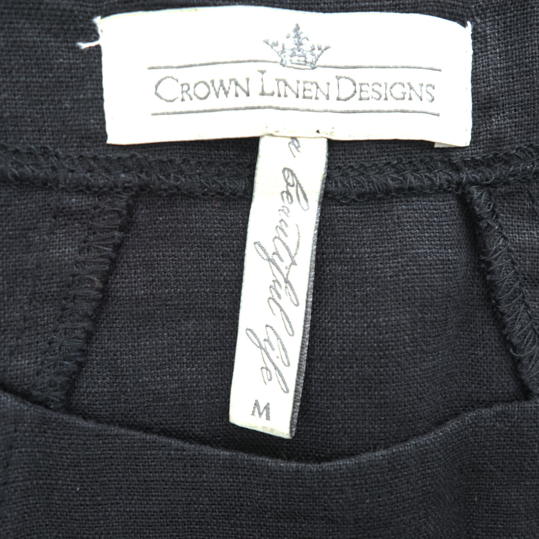 Crown Linen Designs リネン ノースリーブ ワンピース M ブラック 麻100% サイドポケット