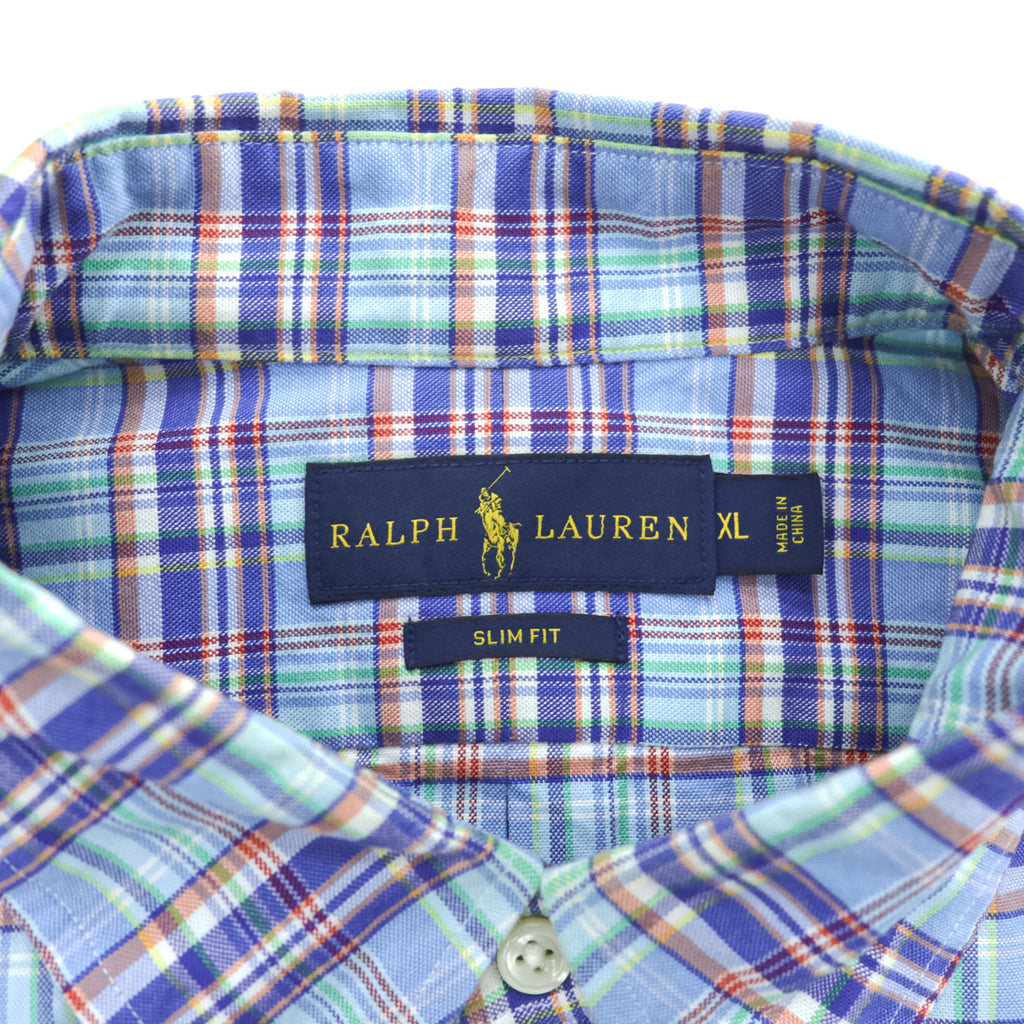 Ralph Lauren 長袖 ボタンダウンシャツ XL SLIM FIT ストレッチ ブルー チェック スモールポニー ロゴ 刺繍