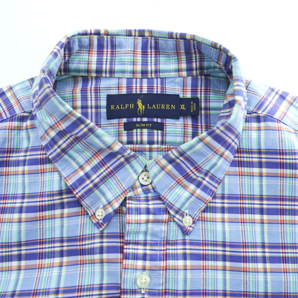 Ralph Lauren 長袖 ボタンダウンシャツ XL SLIM FIT ストレッチ ブルー チェック スモールポニー ロゴ 刺繍