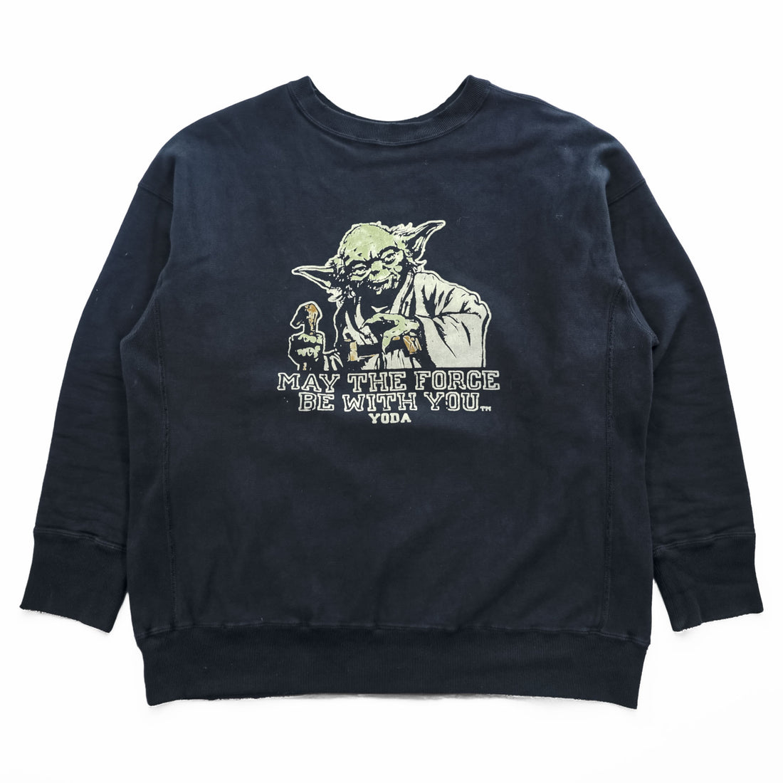 BOWWOW 日本製 ダメージ加工 リバースウィーブ スウェット トレーナー L ブラック フロッキープリント STAR WARS ヨーダ YODA