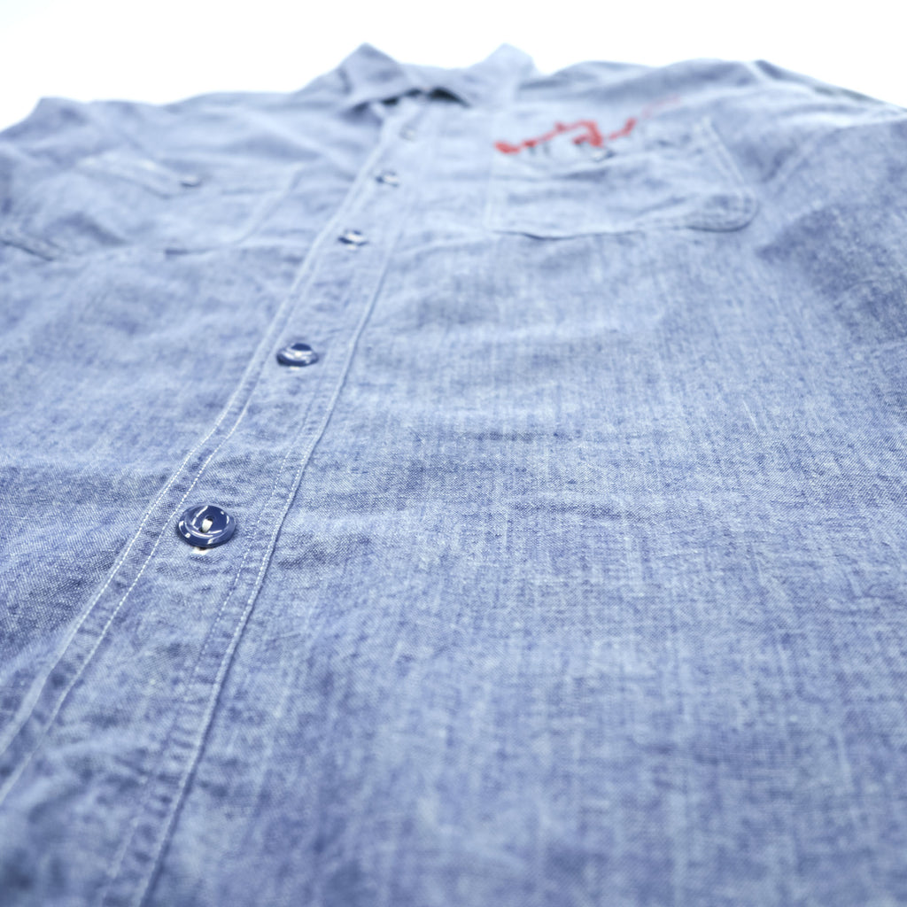 BUZZ RICKSON'S Made in Japan Long Sleeve Chambray Work Shirt Blue L, Embroidery, U.S.NAVAL AVIATION VF-2 BOUNTY HUNTERS Back Print & Stencil
