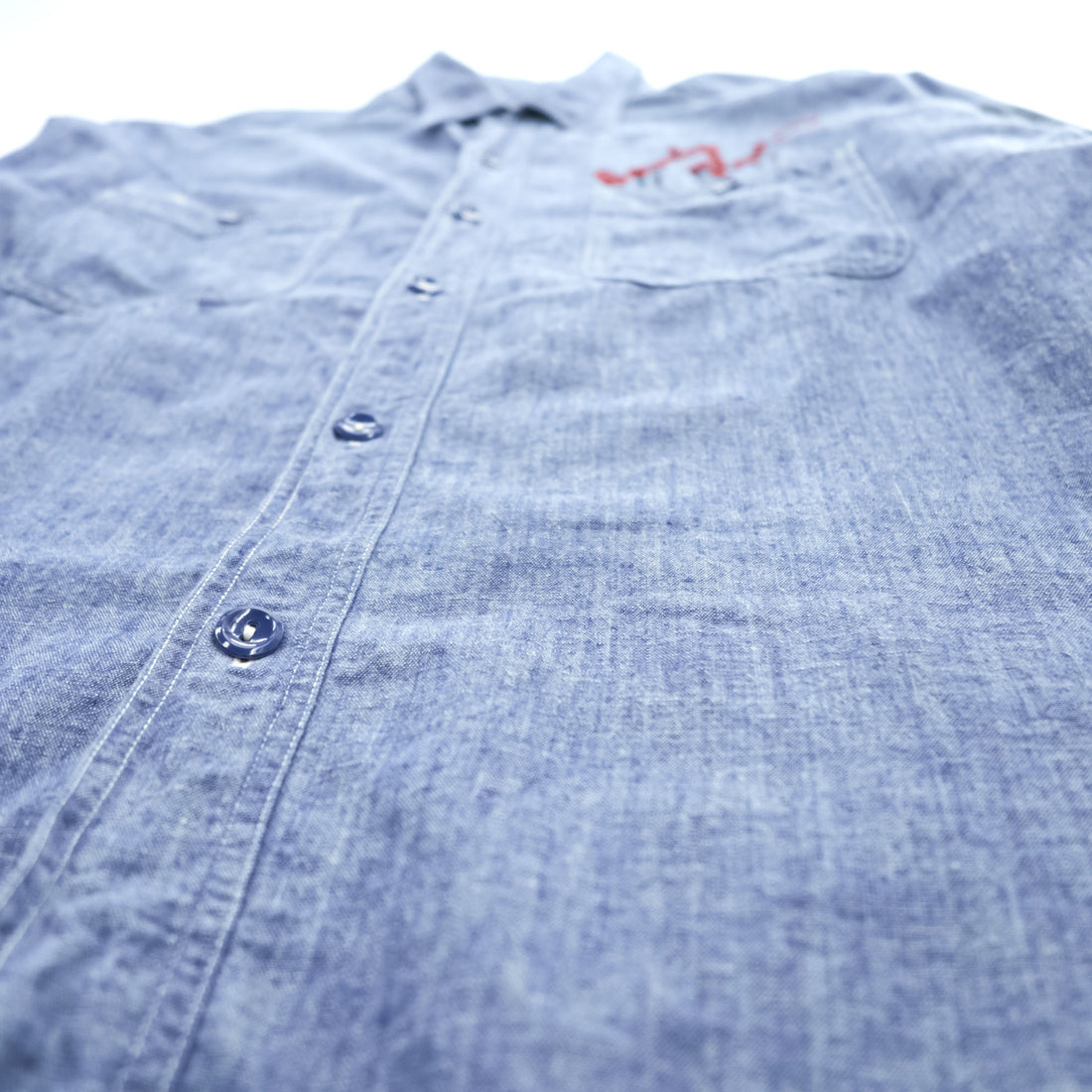BUZZ RICKSON'S Made in Japan Long Sleeve Chambray Work Shirt Blue L, Embroidery, U.S.NAVAL AVIATION VF-2 BOUNTY HUNTERS Back Print & Stencil