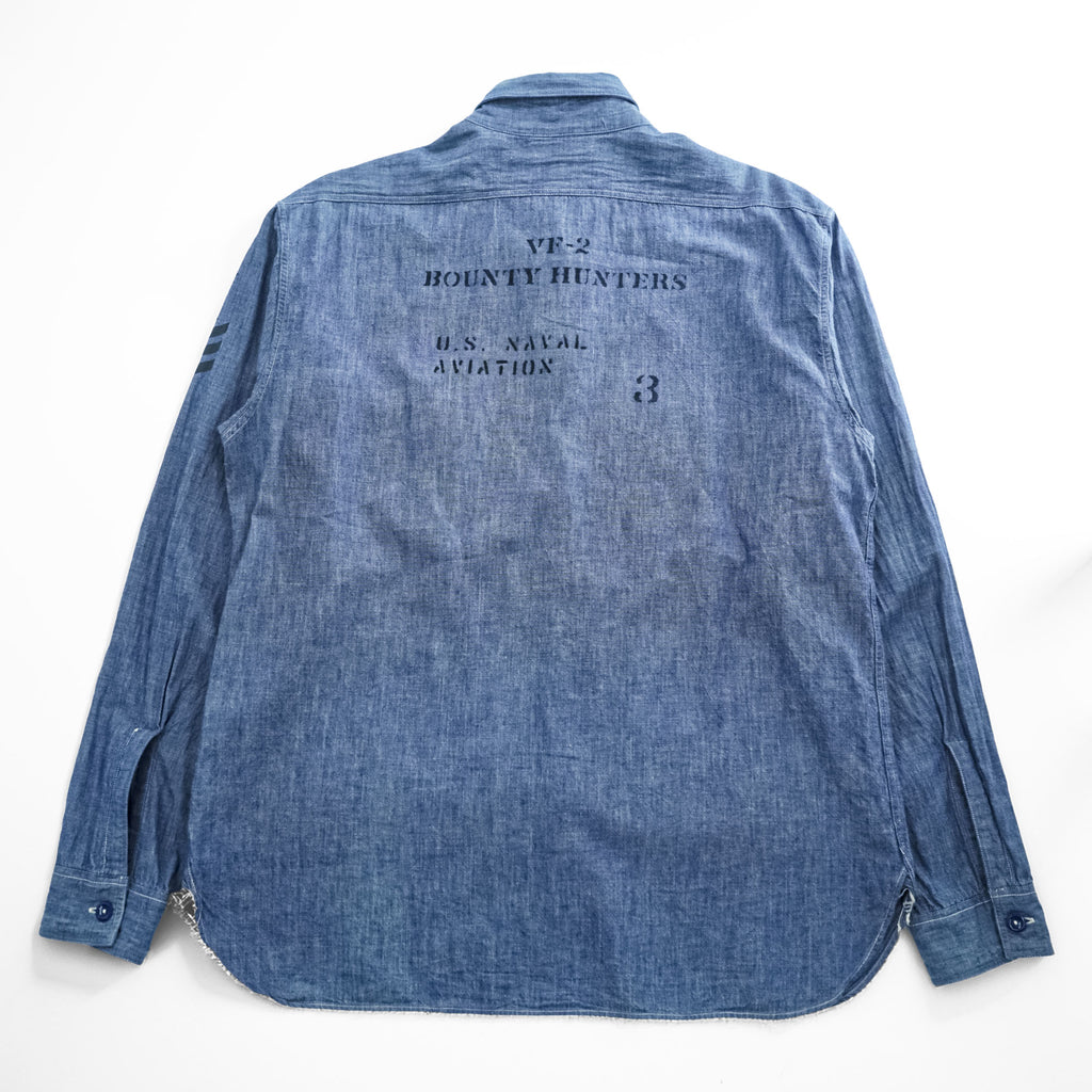 BUZZ RICKSON'S Made in Japan Long Sleeve Chambray Work Shirt Blue L, Embroidery, U.S.NAVAL AVIATION VF-2 BOUNTY HUNTERS Back Print & Stencil
