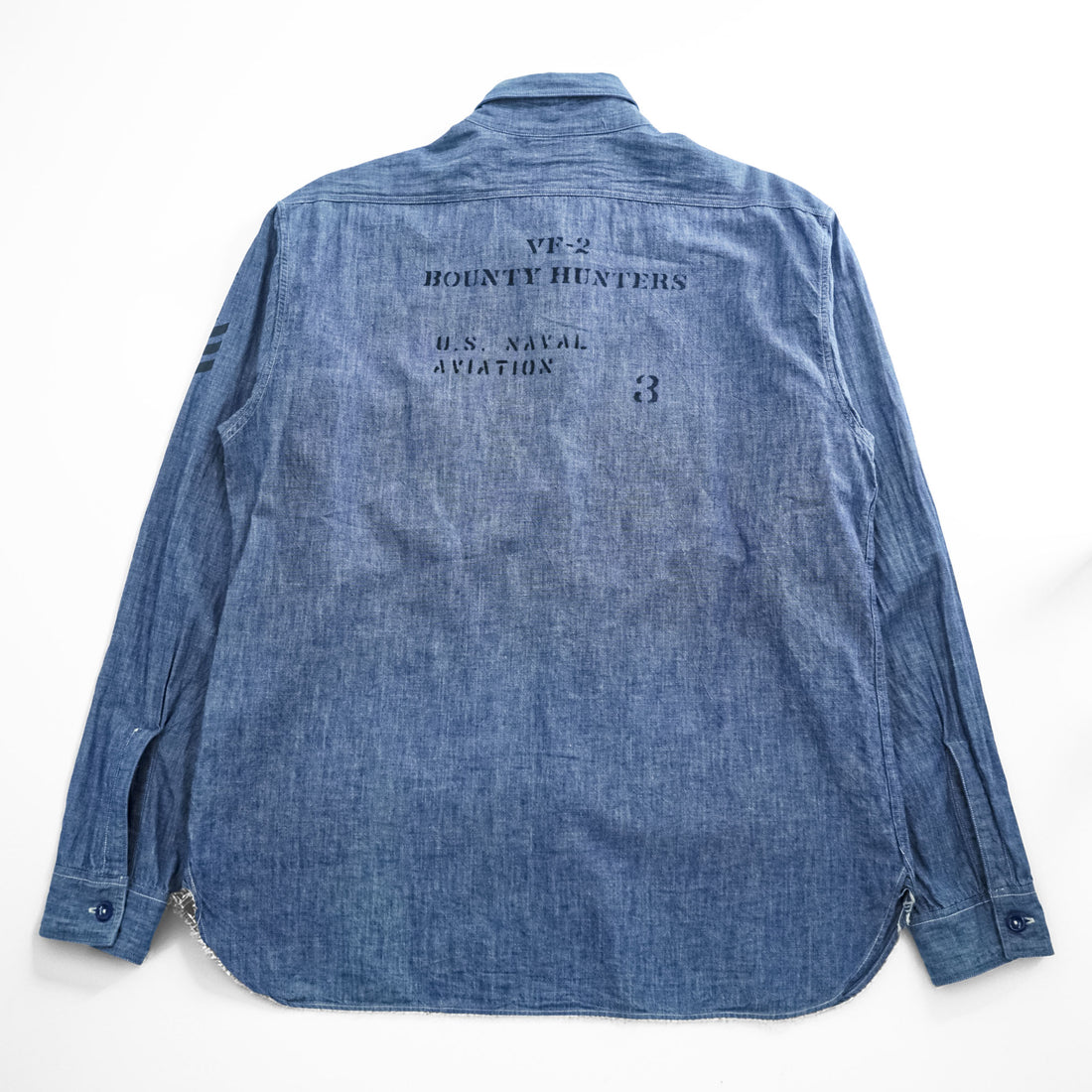 BUZZ RICKSON'S Made in Japan Long Sleeve Chambray Work Shirt Blue L, Embroidery, U.S.NAVAL AVIATION VF-2 BOUNTY HUNTERS Back Print & Stencil