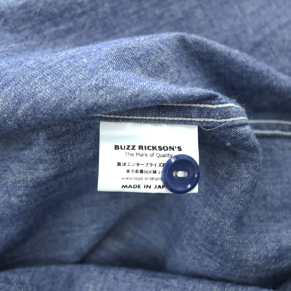 BUZZ RICKSON'S Made in Japan Long Sleeve Chambray Work Shirt Blue L, Embroidery, U.S.NAVAL AVIATION VF-2 BOUNTY HUNTERS Back Print & Stencil