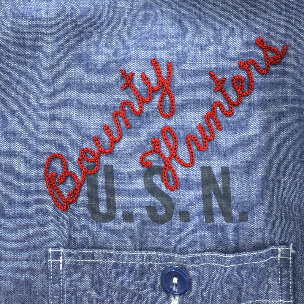 BUZZ RICKSON'S Made in Japan Long Sleeve Chambray Work Shirt Blue L, Embroidery, U.S.NAVAL AVIATION VF-2 BOUNTY HUNTERS Back Print & Stencil