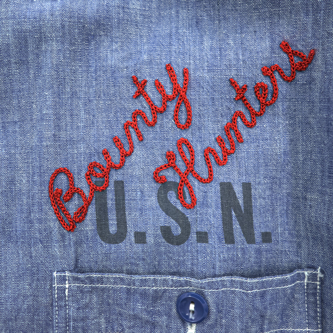 BUZZ RICKSON'S Made in Japan Long Sleeve Chambray Work Shirt Blue L, Embroidery, U.S.NAVAL AVIATION VF-2 BOUNTY HUNTERS Back Print & Stencil