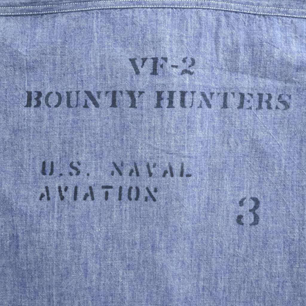 BUZZ RICKSON'S Made in Japan Long Sleeve Chambray Work Shirt Blue L, Embroidery, U.S.NAVAL AVIATION VF-2 BOUNTY HUNTERS Back Print & Stencil
