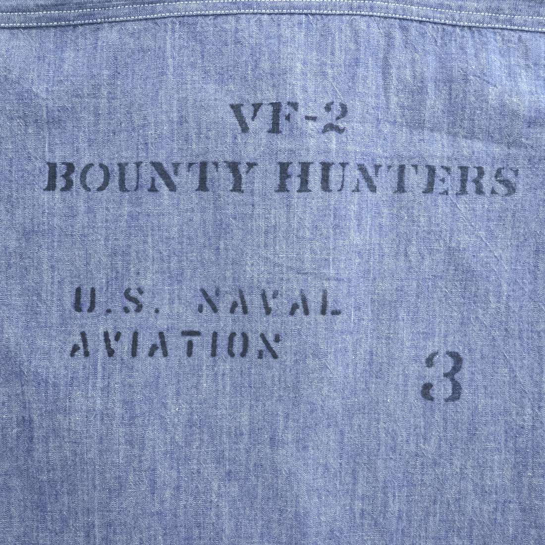BUZZ RICKSON'S Made in Japan Long Sleeve Chambray Work Shirt Blue L, Embroidery, U.S.NAVAL AVIATION VF-2 BOUNTY HUNTERS Back Print & Stencil