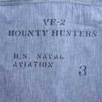 BUZZ RICKSON'S Made in Japan Long Sleeve Chambray Work Shirt Blue L, Embroidery, U.S.NAVAL AVIATION VF-2 BOUNTY HUNTERS Back Print & Stencil