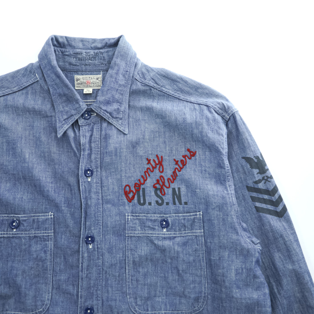 BUZZ RICKSON'S Made in Japan Long Sleeve Chambray Work Shirt Blue L, Embroidery, U.S.NAVAL AVIATION VF-2 BOUNTY HUNTERS Back Print & Stencil