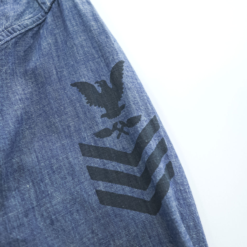 BUZZ RICKSON'S Made in Japan Long Sleeve Chambray Work Shirt Blue L, Embroidery, U.S.NAVAL AVIATION VF-2 BOUNTY HUNTERS Back Print & Stencil