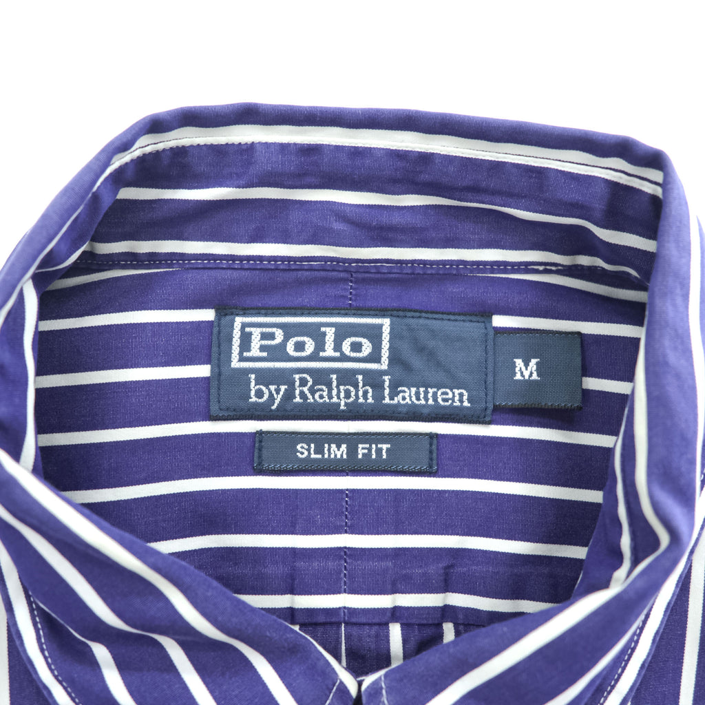 Polo Ralph Lauren 90s Vintage Long-Sleeve Button-Down Shirt, Size M, Blue, Striped, Small Pony Logo Embroidery, Slim Fit