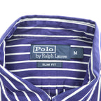 Polo Ralph Lauren 90s Vintage Long-Sleeve Button-Down Shirt, Size M, Blue, Striped, Small Pony Logo Embroidery, Slim Fit
