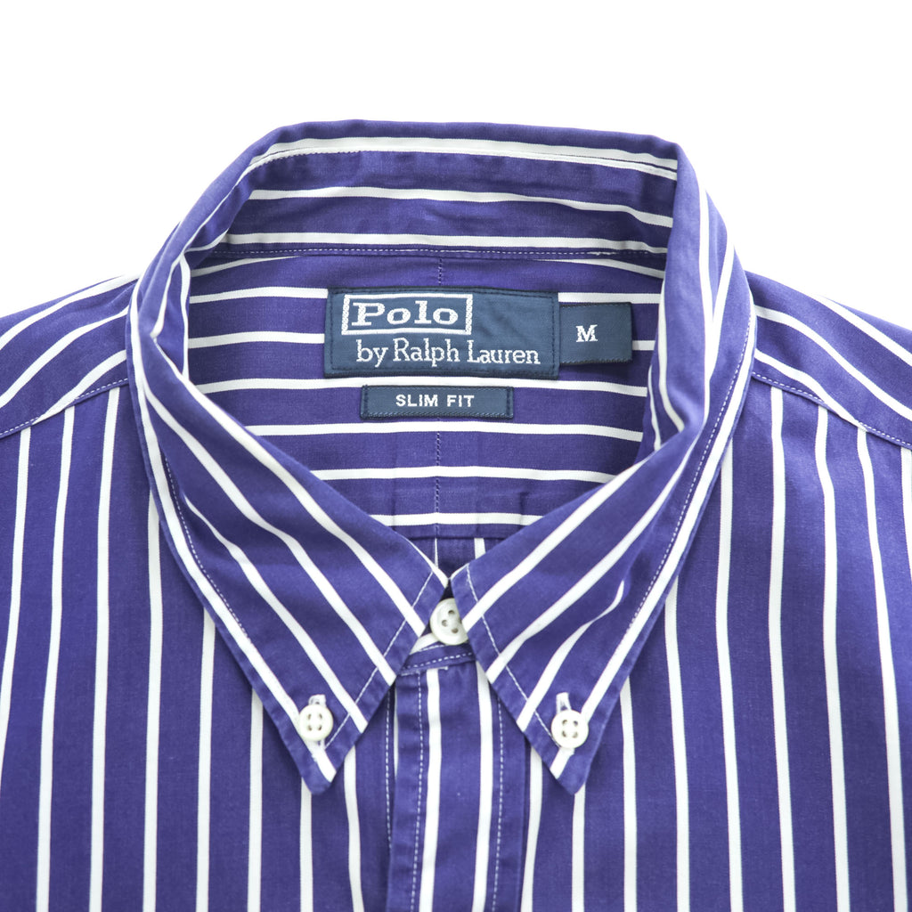 Polo Ralph Lauren 90s Vintage Long-Sleeve Button-Down Shirt, Size M, Blue, Striped, Small Pony Logo Embroidery, Slim Fit