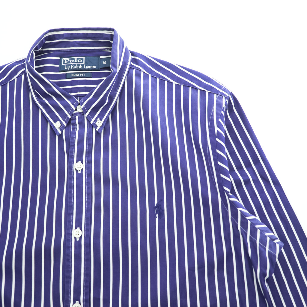 Polo Ralph Lauren 90s Vintage Long-Sleeve Button-Down Shirt, Size M, Blue, Striped, Small Pony Logo Embroidery, Slim Fit