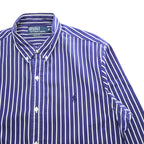 Polo Ralph Lauren 90s Vintage Long-Sleeve Button-Down Shirt, Size M, Blue, Striped, Small Pony Logo Embroidery, Slim Fit