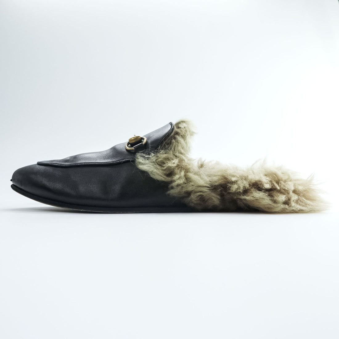 Gucci Princetown Fur Lined Horsebit Leather Mules Black Made in Italy