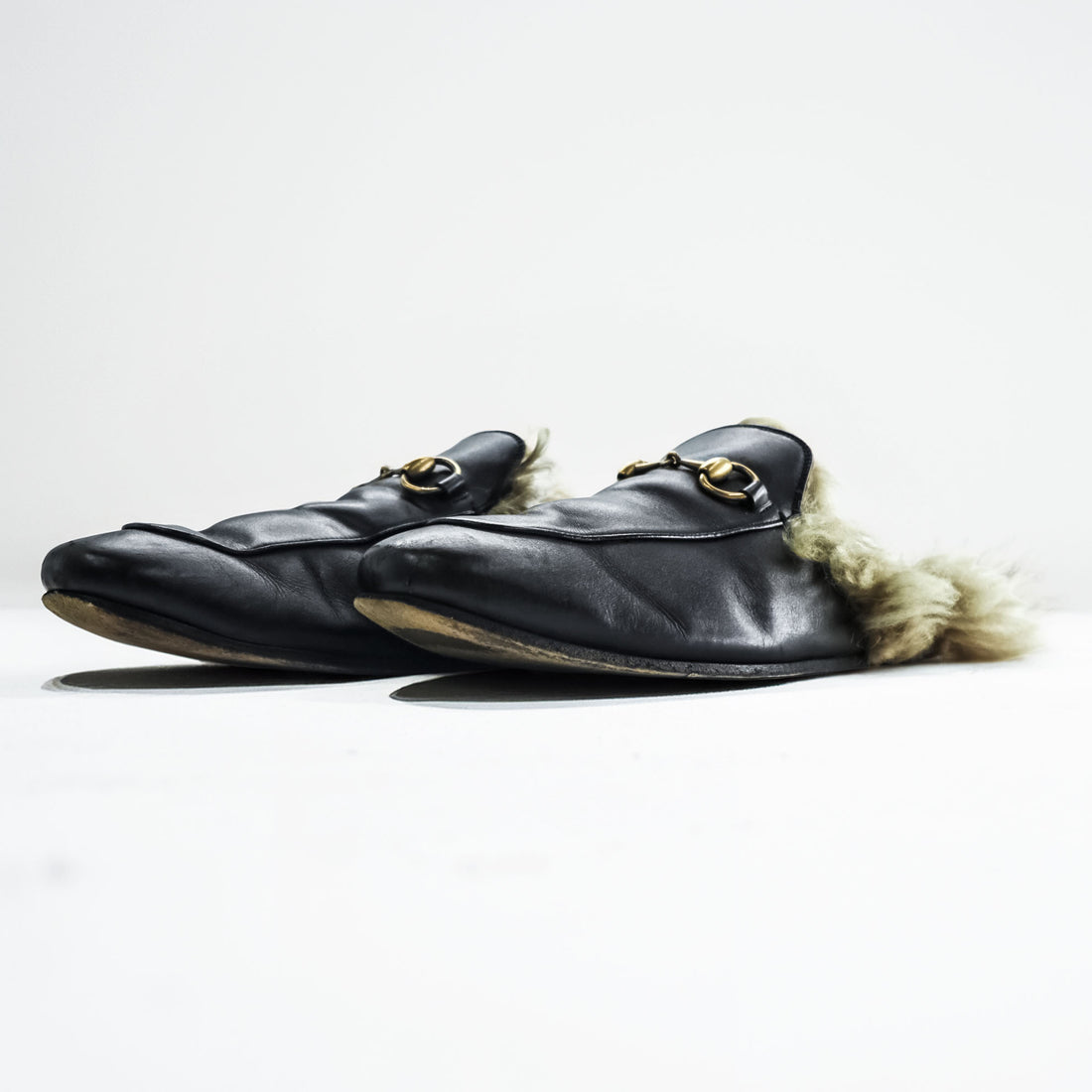 Gucci Princetown Fur Lined Horsebit Leather Mules Black Made in Italy