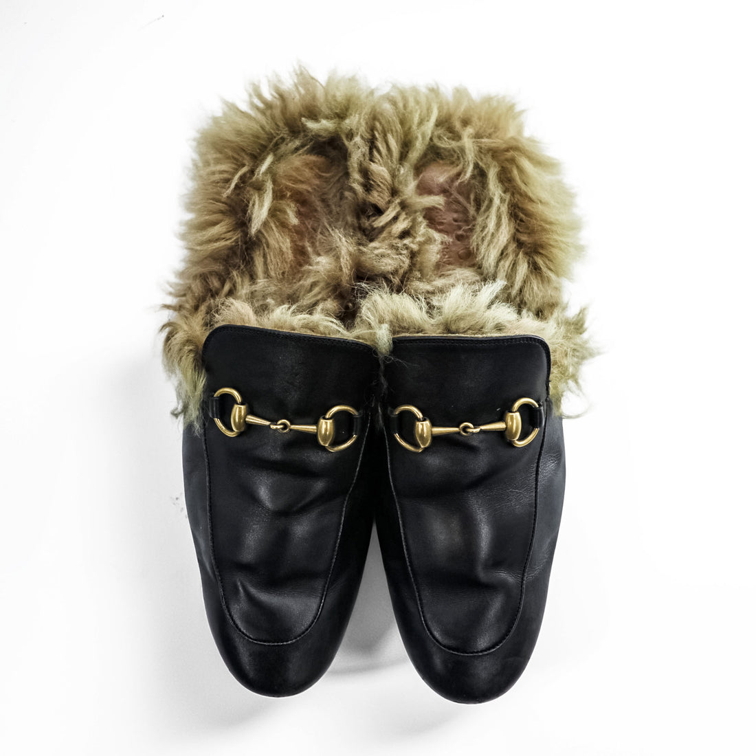 Gucci Princetown Fur Lined Horsebit Leather Mules Black Made in Italy