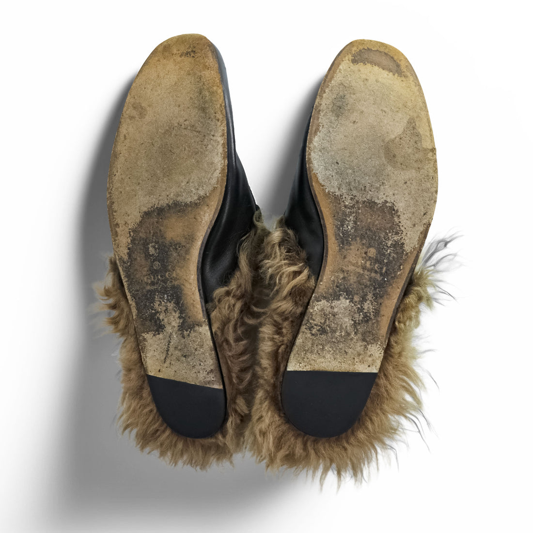 Gucci Princetown Fur Lined Horsebit Leather Mules Black Made in Italy