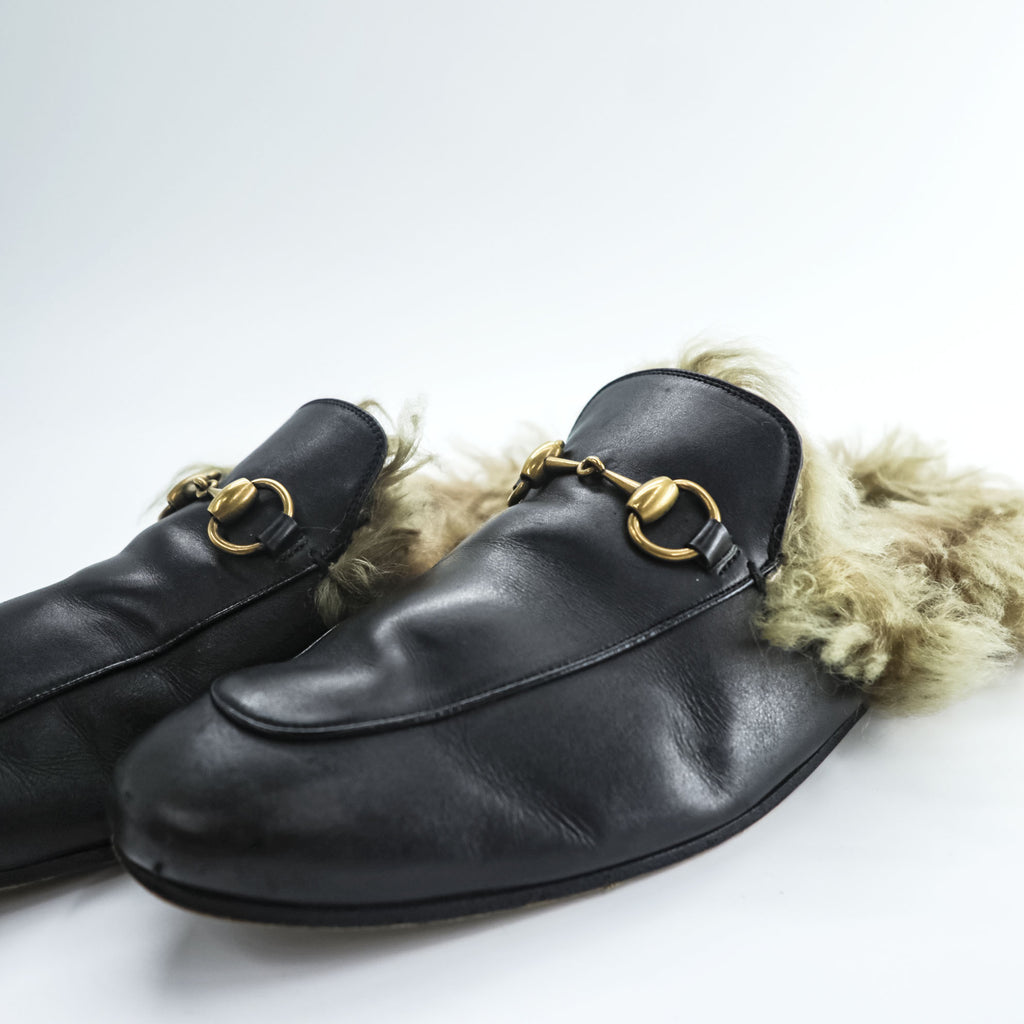Gucci Princetown Fur Lined Horsebit Leather Mules Black Made in Italy